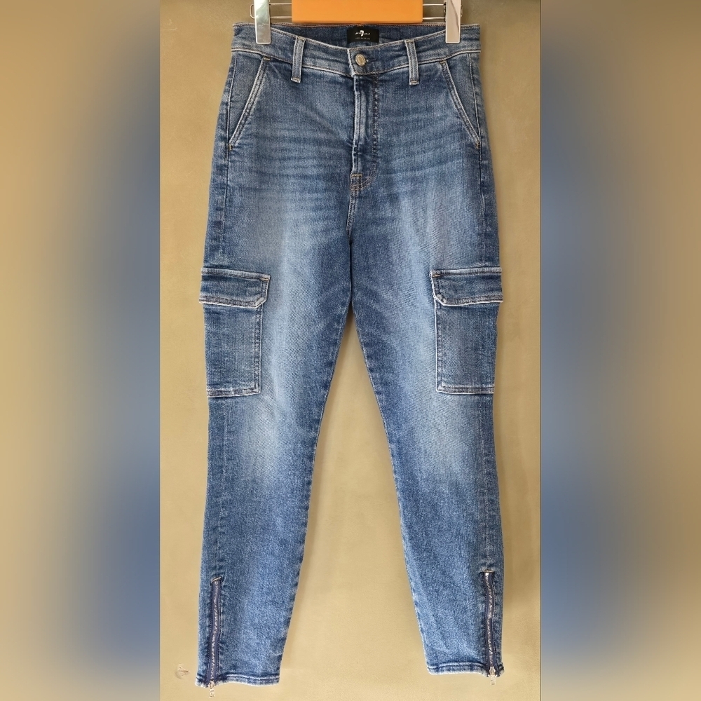 VINTAGE!! 7 For All Mankind | Blue 'Sloane'  Skinny Cargo Jeans, Waist 14" - Picture 2 of 9